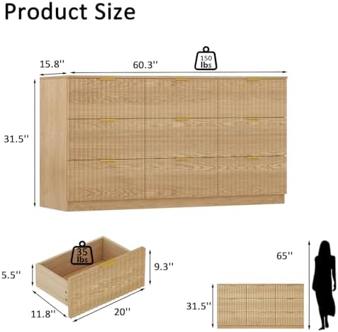 60.3" Wide Fluted 9 Drawer Dresser for Bedroom, Natural - Image 2