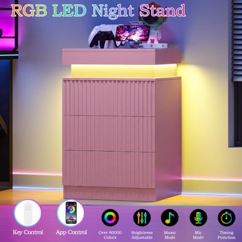 Fluted LED Night Stand with Charging Station, Pink - Image 3
