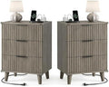 3 Drawers Nightstands Set of 2 w/Charging Station, Modern Fluted Dresser by Lulive