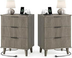 3 Drawers Nightstands Set of 2 w/Charging Station, Modern Fluted Dresser by Lulive