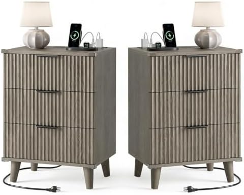 3 Drawers Nightstands Set of 2 w/Charging Station, Modern Fluted Dresser by Lulive