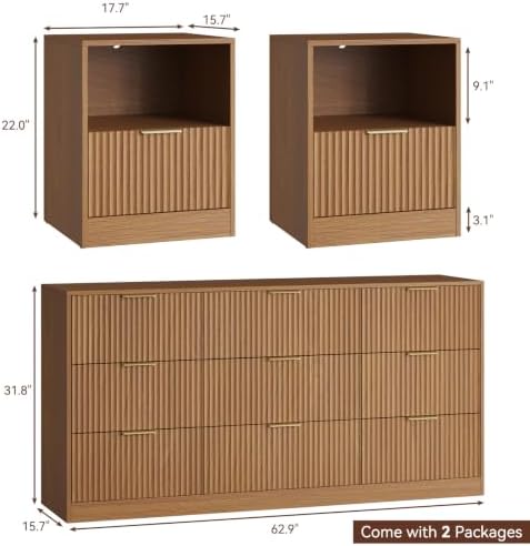 3Pcs 9 Drawer Dresser and 1-Drawer Nightstand Set, Natural Wood丨63 Wide Fluted Bedroom Dresser Set Night Stand Set of 2, Modern Wood Chest of Drawers Storage Dressers Set for Bedroom - Image 4