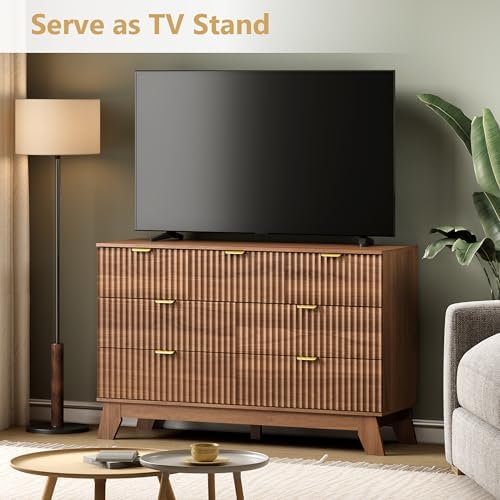 Wodeer 7 Drawer Fluted Dresser for Bedroom, Mid Century Modern Wooden Dresser with 7 Drawers, Dressers & Chests of Drawers with Metal Handle, TV Stand & Storage Organizer for Entryway, Hallway, Walnut - Image 3