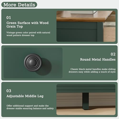 Tradare Dresser for Bedoom, Modern Chest of Drawers, Wood 9 Drawer Dresser with Metal Handles, Storage Organizer Wide Dressers for Living Room, Hallway, Entryway, Green - Image 5