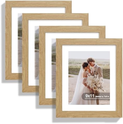 Hongkee 9x11 Picture Frame Set of 4, Made of Real Glass and Natural Oak Frame - Display Picture 7x9 with Mat or 9x11 Without Mat, 9 by 11 Photo for Wall or Tabletop by Hongkee