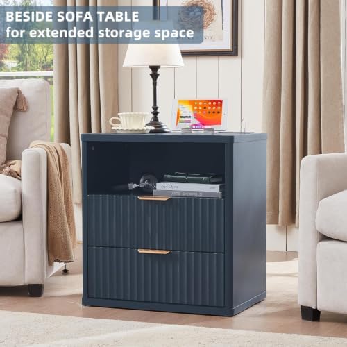 LEYAOYAO Fluted Nightstand with Charging Station, 23" Modern Night Stand with Woodgrain Top, 2 Drawer End Table w/Storage, Bedside Tables for Bedroom, Living Room, Curved Profile Design, Blue - Image 4
