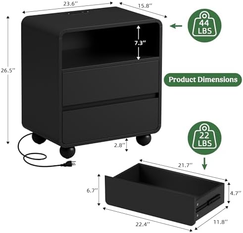Lulive Night Stand, Bedside End Table with Charging Station, Black - Image 2