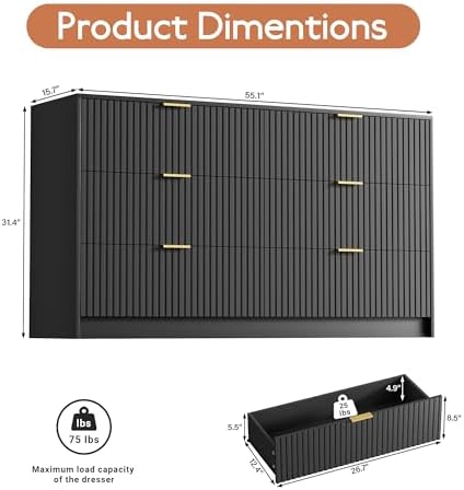 Furniway Black Dresser for Bedroom, Modern Dresser with 6 Drawers and Smooth Slides, Wide Chest of Drawers with Golden Handles for Bedroom, Living Room, Closet, 15.7" D x 55.1" W x 31.4" H - Image 2