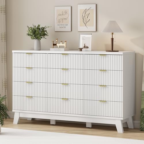 Xixini Fluted Dresser for Bedroom with 12 Drawers, 57" Wide Modern Chest of Drawers with Metal Handle, Wooden Dresser TV Stand, Wood Closet Clothes Storage Organizer for Living Room, Hallway, White - Image 4