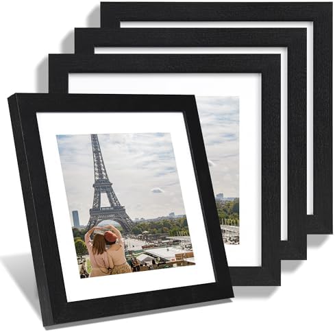 Hongkee 10x10 Picture Frame Set of 4, Made of Glass and Rustic Black Wooden Frame - Display Picture 8x8 with Mat or 10 x 10 Without Mat, 10 by 10 Photo for Wall or Tabletop by Hongkee