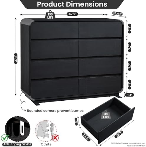 Standifurno Black Dresser with 8 Drawers, Modern Chest of Drawers with Deep Drawers, Big Storage Organizer for Bedroom, Living Room, Hallway, 47’’Wide - Image 2