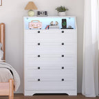 Wodeer White Dresser Tall 5 Drawer Dresser for Bedroom, Wood Chest of Drawers with LED Lights, Charging Station, Metal Handles, Modern Storage Cabinet and Organizer Drawers for Living Room, Hallway - Image 4