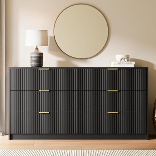 MAISONARIA Black 6 Drawer Dresser for Bedroom, 55" Wide Modern Chest of Drawers with Gold Metal Handles, Fluted Wood TV Stand for Living Room, Hallway - Image 6