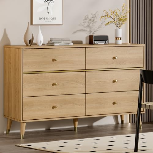 Chrangmay 6 Drawer Dresser,47.24" Wide Mid Century Chest of Drawers,Wooden Bedroom Drawer Dresser with 9 Storage Drawers for Bedroom,Living Room,with Anti-Tipping Device,Oak - Image 6
