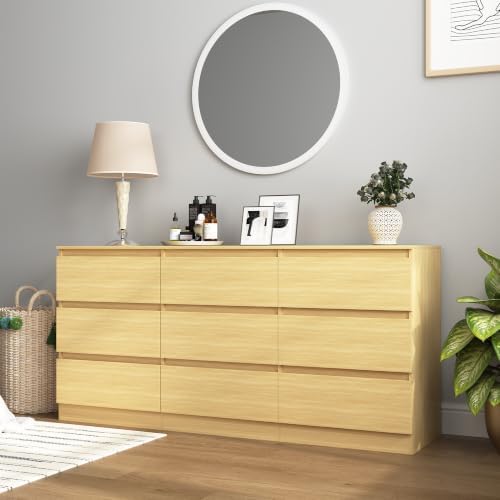 Vibe & Dine 9 Drawer Dresser, 59.1" Long Dresser for Bedroom Free Handle, Modern Wooden Chest of Drawers with Wide Storage for Living Room, Natural Wood - Image 4