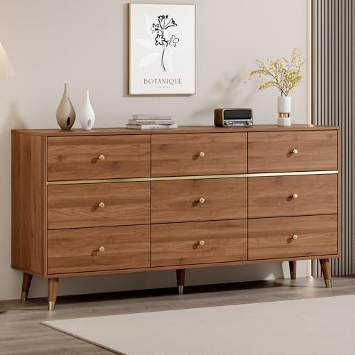 Chrangmay 9 Drawer Dresser,63" Wide Mid Century Chest of Drawers,Wooden Bedroom Drawer Dresser with 9 Storage Drawers for Bedroom,Living Room,with Anti-Tipping Device,Chestnut by Chrangmay