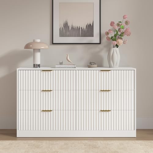 White 6 Drawer Dresser for Bedroom, 55" Wide Fluted Chest of Drawers with Gold Metal Handles, Wood Dresser Storage Organizer Mid Century TV Stand for Living Room Closet Hallway - Image 6