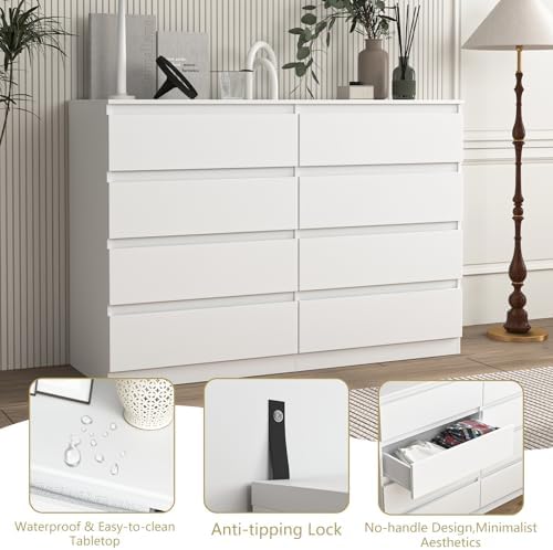 VERYKE White 8 Drawer Dresser for Bedroom,Chest of Drawers with No-Handle Design for Closet,Modern Wood Dresser Bedroom Storage Furniture - Image 6