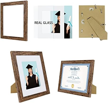 Hongkee 8.5 x 11 Picture Frame Set of 4, Made of Real Glass and Brown Certificate & Diploma Frame, 8.5 by 11 Photo for Wall or Tabletop - Display Picture 6x8 with Mat or 8.5x11 Without Mat - Image 3