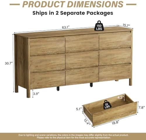 Furniway 63" Wide 9 Drawer Wood Dresser for Bedroom with Legs, Natural Oak - Image 2