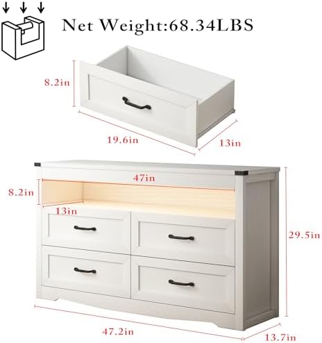 Wodeer White Dresser for Bedroom, Wood 4 Drawer Dresser with LED Light, Dressers & Chests of Drawers with Metal Handles, Storage and Organization for Bedroom, Hallway, Entryway - Image 2