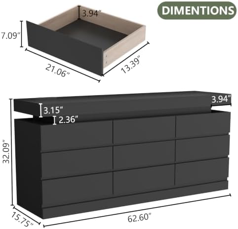Gyfimoie 9 Drawer Dresser with Power Outlet, Modern Dresser with LED Light - Image 2