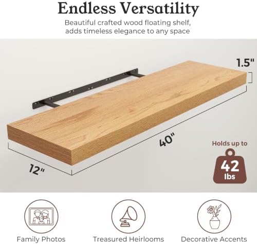 40" Natural Oak Color Floating Shelves 12inch Deep Shelf, Set of 2 - Image 2