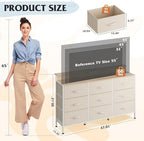 WLIVE Dresser TV Stand 9 Drawers, Fabric Chest of Drawers LED Lights, Cream - Image 2