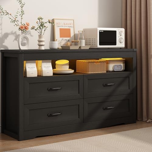 Wodeer Black Dresser for Bedroom, Wood 4 Drawer Dresser with LED Light, Dressers & Chests of Drawers with Metal Handles, Storage and Organization for Bedroom, Hallway, Entryway by WODEER