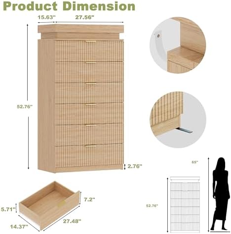 Tall 6 Drawer Dresser LED Lights & Charging Station Natural Oak - Image 2