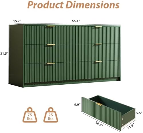 MAISONARIA Green 6 Drawer Dresser for Bedroom, 55" Wide Modern Chest of Drawers with Gold Metal Handles, Fluted Wood TV Stand for Living Room, Hallway - Image 2