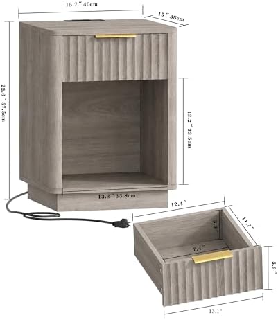 Akxomel Fluted Nightstand Set 2 Bedside Table with Charging Station Greige - Image 3