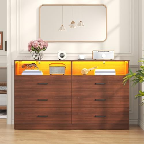 Bigbiglife Dresser for Bedroom, 6 Drawer Dresser with Charging Station and Led Light, Modern Chest of Drawers for Bedroom, Living Room (Walnut Brown) - Image 2