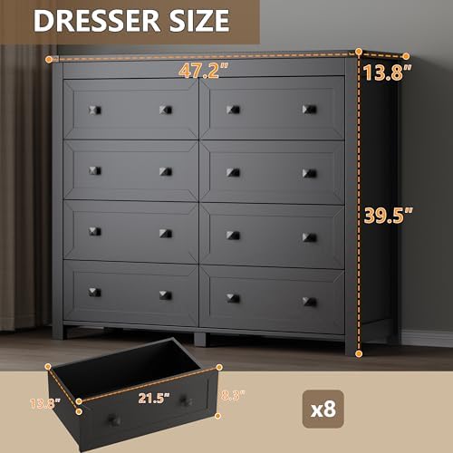 BORNOON Tall 8-Drawer Dresser, Modern Wooden Storage Chest of Drawers, Dresser TV Stand, Wood Drawer Organizer with Metal Handles for Bedroom, Living Room, Hallway - Image 2