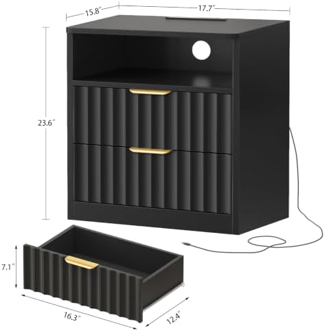 TEENFON Fluted Nightstands Set of 2, Night Stand with Charging Station and LED Light, Nightstand with Storage Drawer and Open Shelf, Bedside Table for Small Space, Bedroom, Black - Image 3