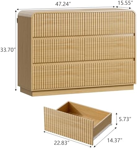 Wodeer Oak Dresser Fluted 6 Drawers Dresser for Bedroom, 47" Wide Wood Chest of Drawers with Hidden Handles & Rounded Corners, Modern TV Stand Storage Cabinet for Living Room, Hallway, Entryway - Image 2