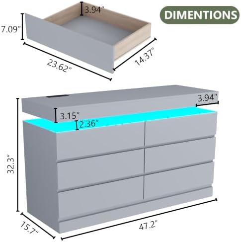 Gyfimoie 6 Drawer Dresser with Power Outlet, Dresser with LED Light - Image 2