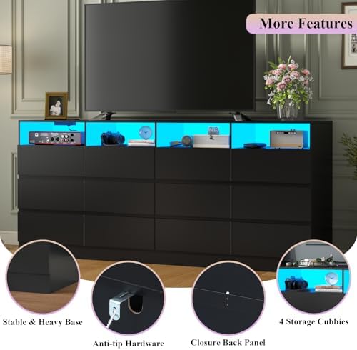 Gyfimoie 12-Compartment Divided Drawer Dresser w/Power Outlet, LED Light - Image 3