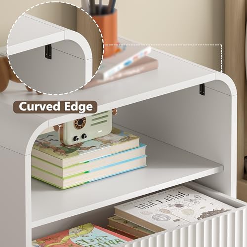 BORNOON Dresser with 2 Drawers and Charging Station, Fluted Bedside Table with Round Curved Corner, Hidden Handles, 2 AC Outlets and 2 USB Ports, Modern Wood End Table with Open Shelf for Bedroom - Image 5