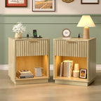 VINGLI 19"W Nightstands Set of 2 with Charging Station, LED Nightstand Fluted with Rounded Edge, Mid Century Modern Nightstand for Bedroom, Fluted Bed Side Table, Oak Night Stand, 18.9"W*15"D*22.4"H by VINGLI