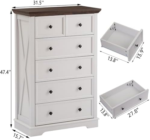 Farmhouse 6 Drawers Dresser Chests for Bedroom, White 6 Chest of Drawers - Image 2