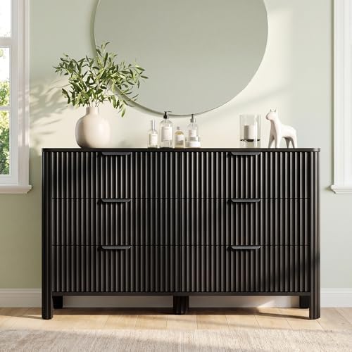 Wodeer 6 Drawer Black Dresser for Bedroom, 47"W Wood Storage Cabinet with Fluted Design, Modern Chest of Drawers & TV Stand for Living Room, Nursery Clothing Organizer with Metal Slides, Anti-Tipping - Image 3