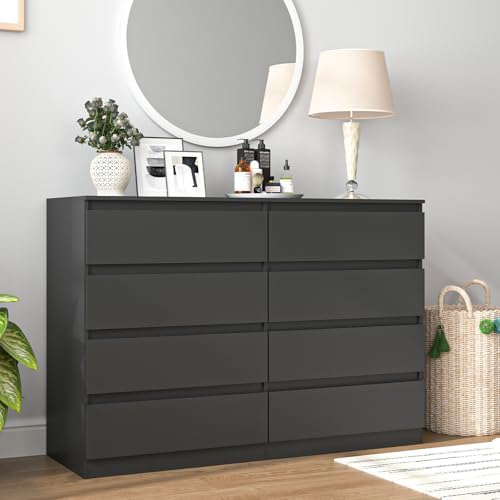 Vibe & Dine Double Dresser 8 Drawer, Modern Wooden Chest of Drawers with Wide Storage for Closet, Bedroom, Living Room, Black - Image 4