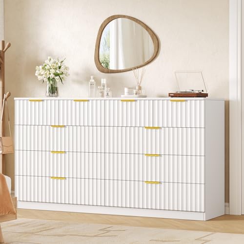 55.1" Wide Fluted 10 Drawer Dresser for Bedroom, White by NDOHCUO