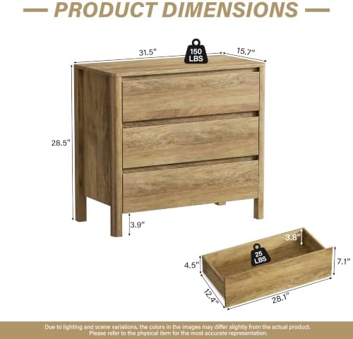 Furniway 31.5" Wide 3 Drawer Wood Dresser for Bedroom, Natural Oak - Image 2