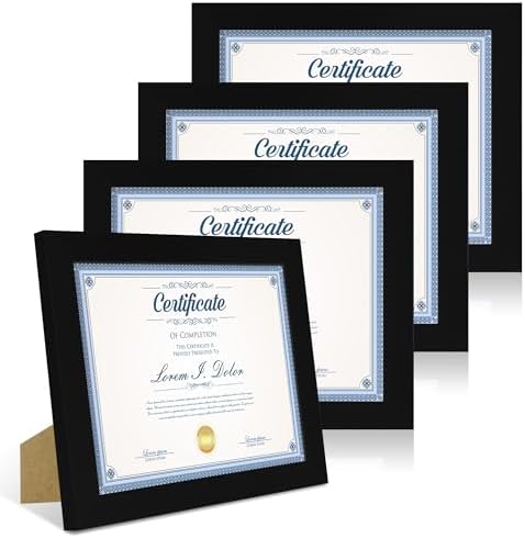 Hongkee 8.5 x 11 Picture Frame Set of 4, Made of Real Glass and Black Certificate & Diploma Frame, 8.5 by 11 Photo for Wall or Tabletop - Display Picture 6x8 with Mat or 8.5x11 Without Mat by Hongkee