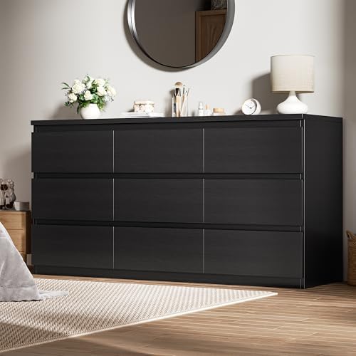 Black 9 Drawer Dresser for Bedroom,Modern Wood Dressers & Chest of Drawers with No-Handle Design, Long Dressers for Closet Living Room,Nursery,Hallway (59.06 * 32.28 * 14.57 in) by Unknown