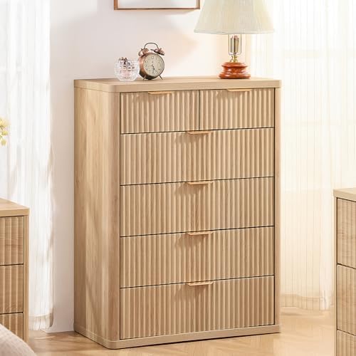LEYAOYAO Farmhouse Fluted 6 Drawers Dresser for Bedroom, 42" Tall Modern Chest of Drawers with Curved Profile Design & Metal Handle,Natural Wood Drawer Organizer for Bedroom - Image 3