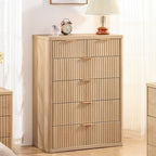LEYAOYAO Farmhouse Fluted 6 Drawers Dresser for Bedroom, 42" Tall Modern Chest of Drawers with Curved Profile Design & Metal Handle,Natural Wood Drawer Organizer for Bedroom - Image 3