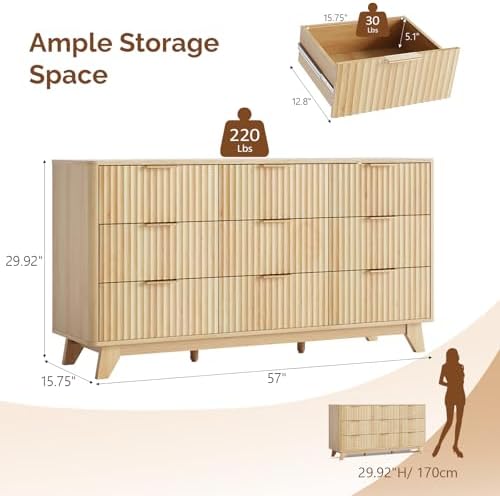 Bonnlo Fluted Dresser,57" Fluted Wide Modern Dresser with Metal Handle, Chest of Drawers, Curved Profile Design, Wood 9 Drawer Organizer for Bedroom, Natural Oak - Image 2